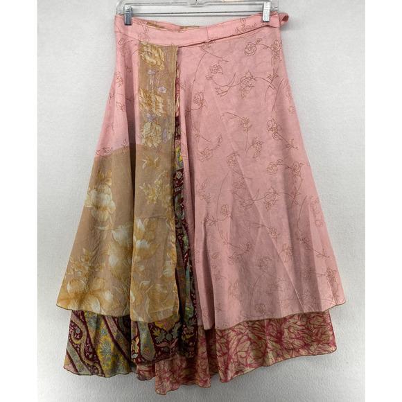 Silk Skirt L Peasant Boho Flare Reversible Wrap Midi Layered Tie Side Pink - Picture 3 of 11